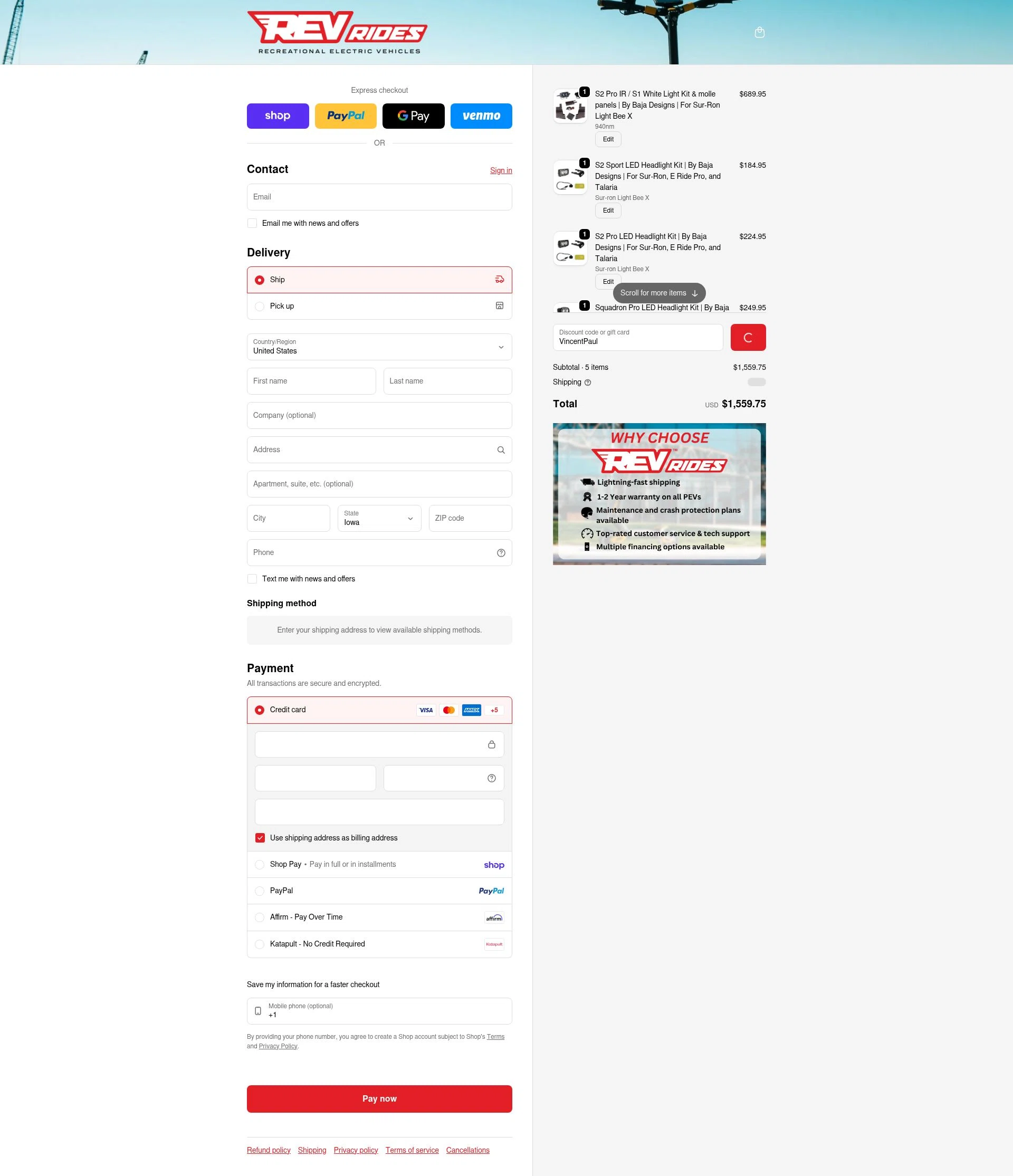 REV Rides checkout page showing REV Rides discount code box | Screenshot taken by SimplyCodes community member on Feb 18, 2026