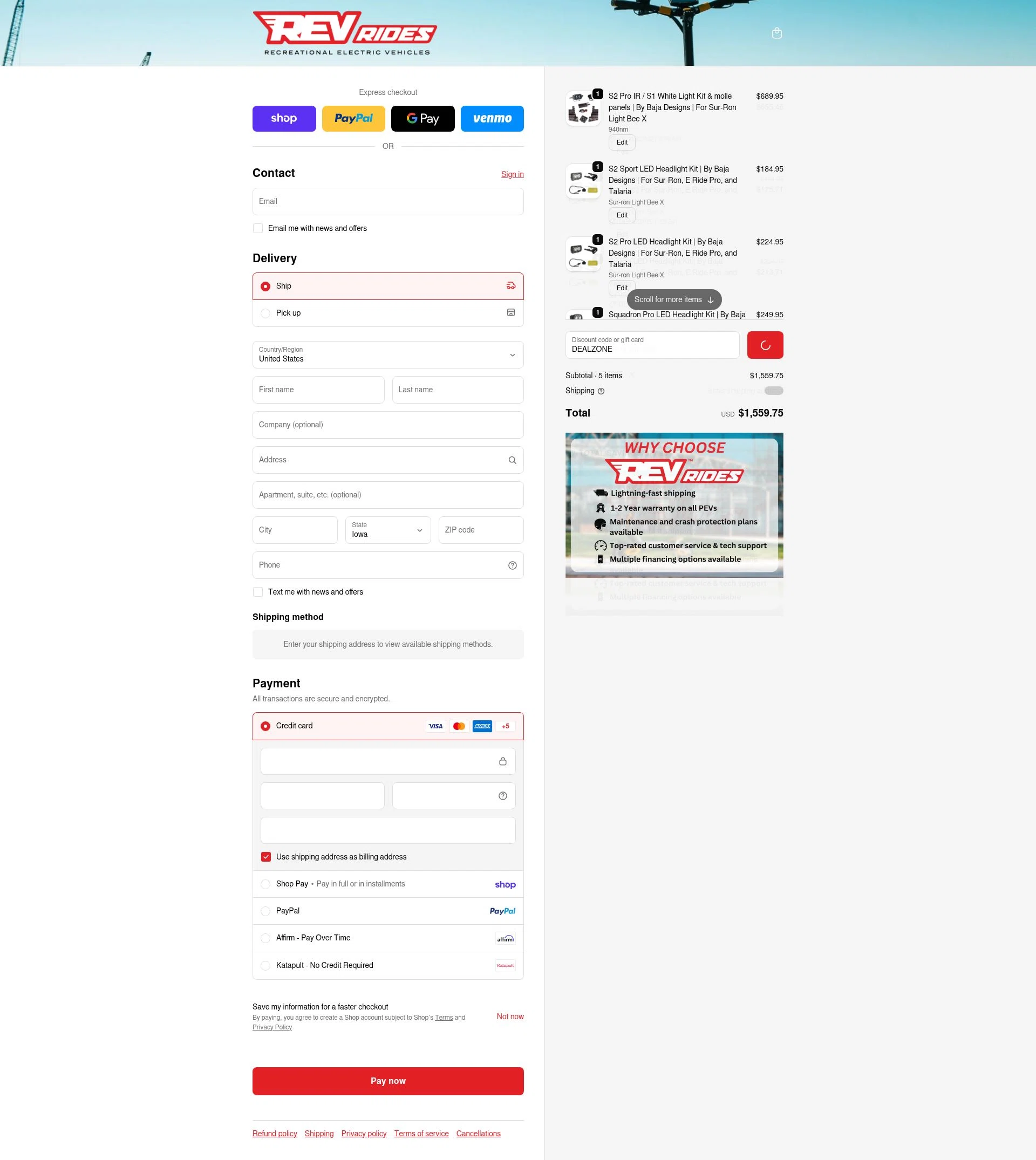 REV Rides checkout page showing REV Rides discount code box | Screenshot taken by SimplyCodes community member on Feb 18, 2026