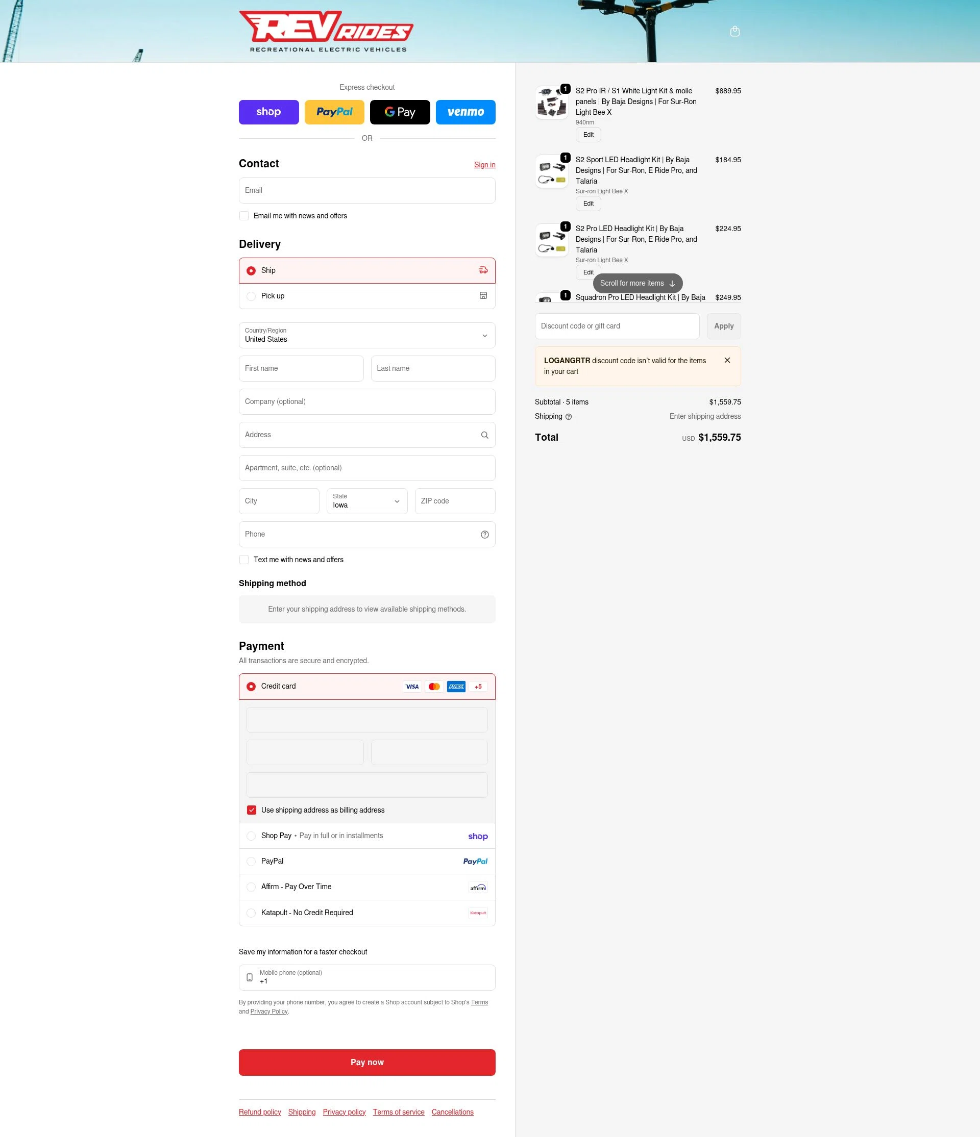 REV Rides checkout page showing REV Rides discount code box | Screenshot taken by SimplyCodes community member on Feb 14, 2026