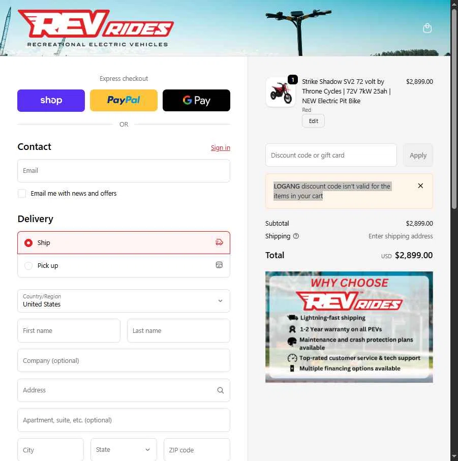 REV Rides checkout page showing REV Rides discount code box | Screenshot taken by SimplyCodes community member on Feb 14, 2026