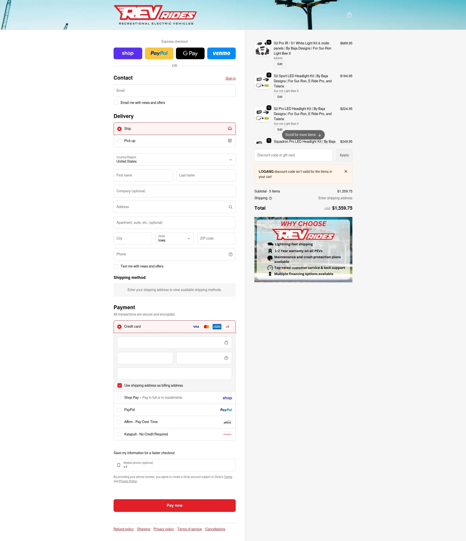 REV Rides checkout page showing REV Rides discount code box | Screenshot taken by SimplyCodes community member on Feb 18, 2026
