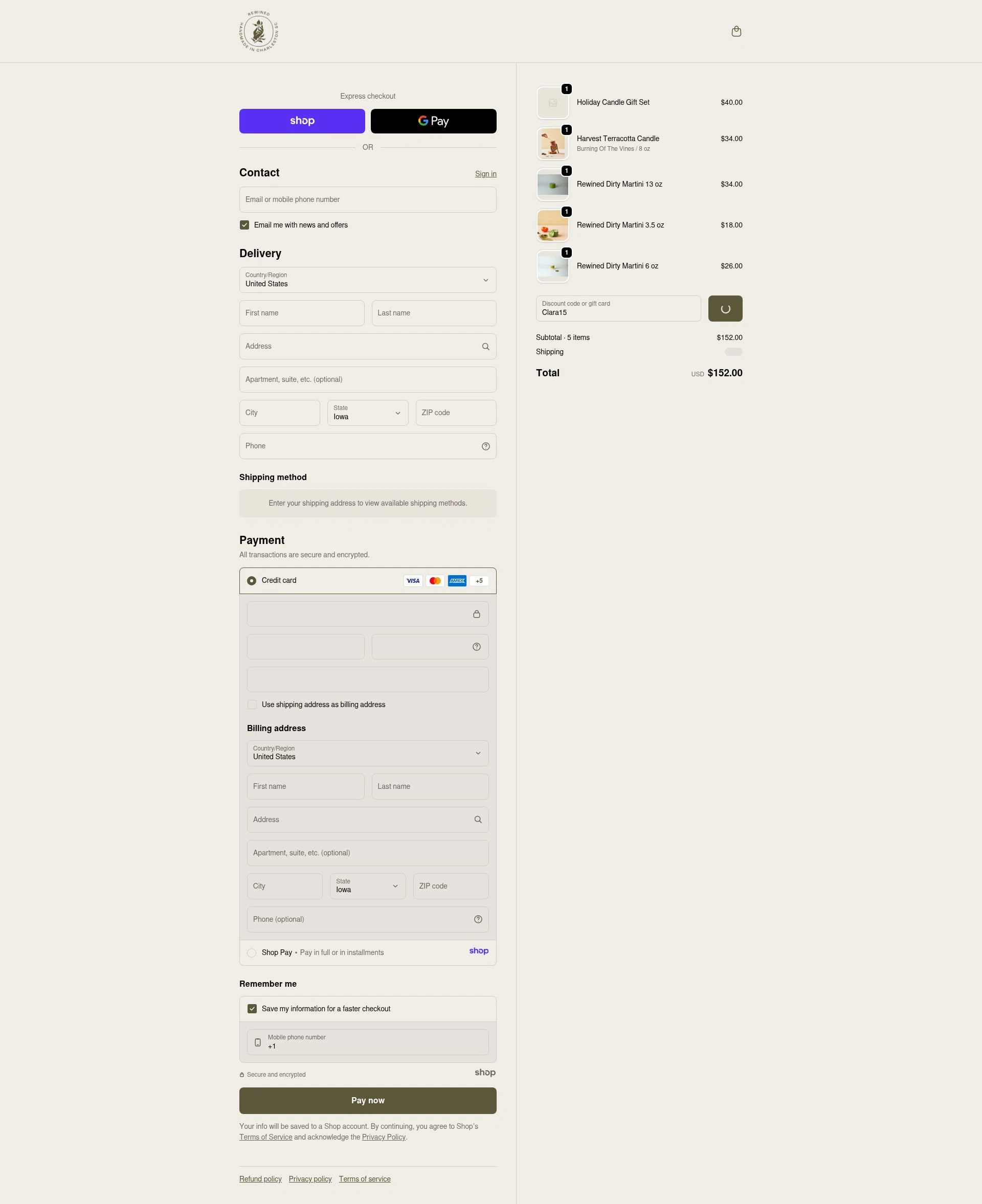 Rewined Candles checkout page showing Rewined Candles discount code box | Screenshot taken by SimplyCodes community member on Jan 2, 2026