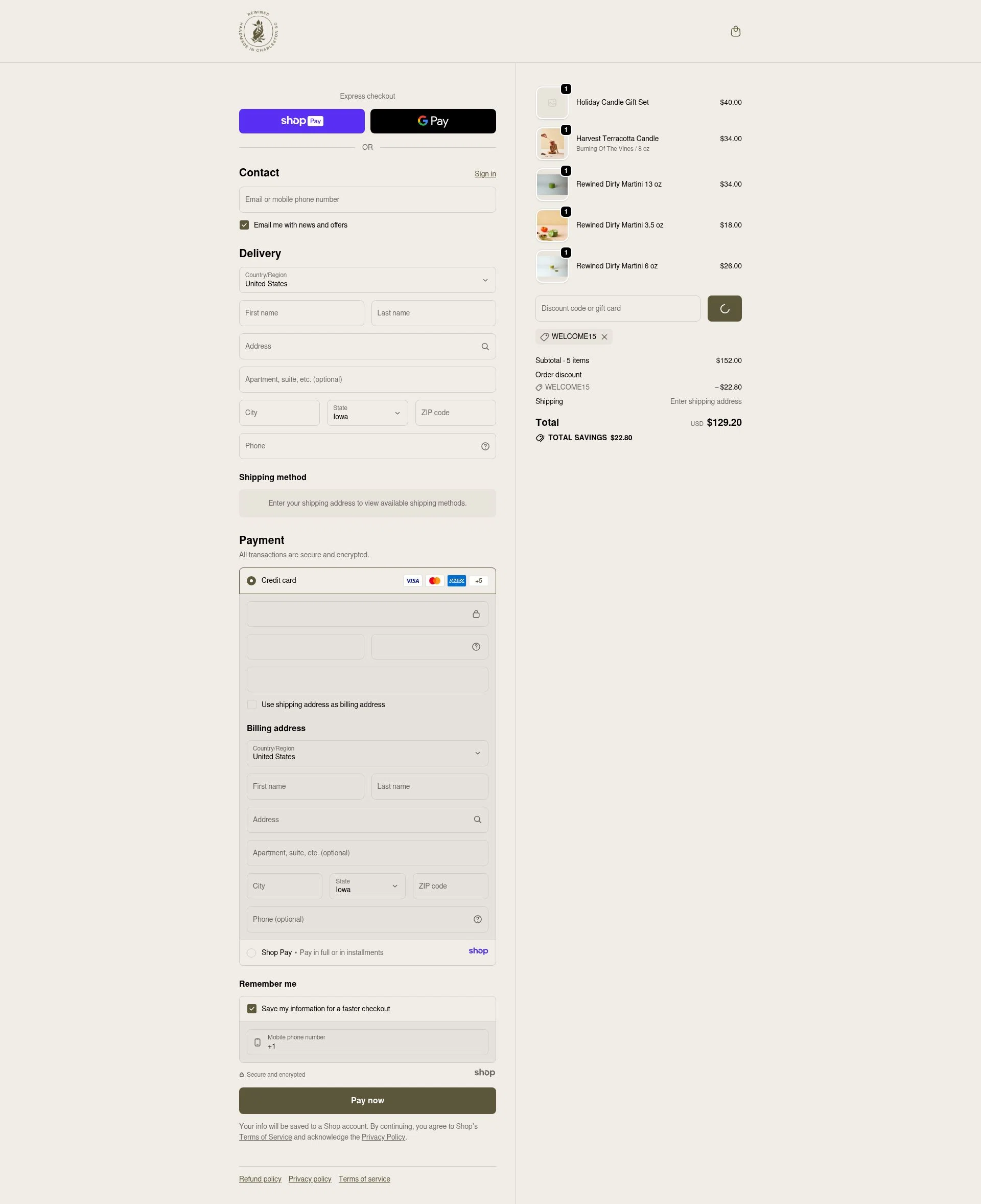 Rewined Candles checkout page showing Rewined Candles discount code box | Screenshot taken by SimplyCodes community member on Jan 7, 2026