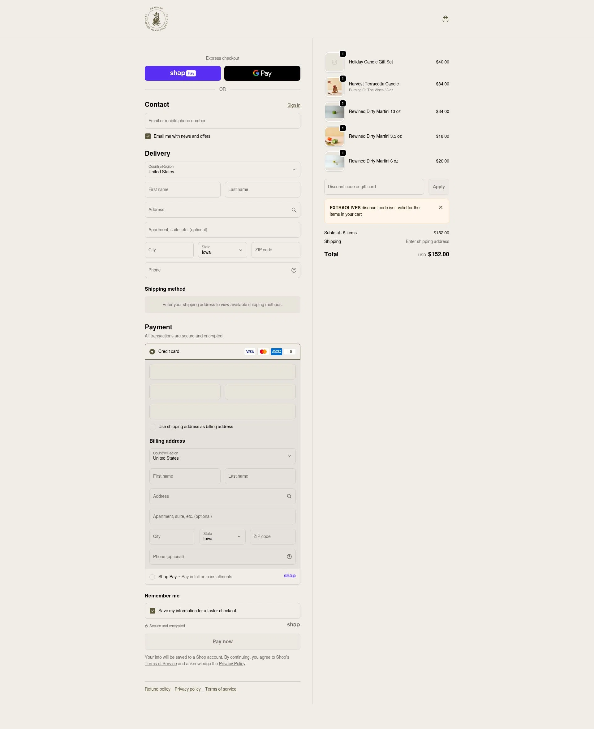 Rewined Candles checkout page showing Rewined Candles discount code box | Screenshot taken by SimplyCodes community member on Jan 7, 2026
