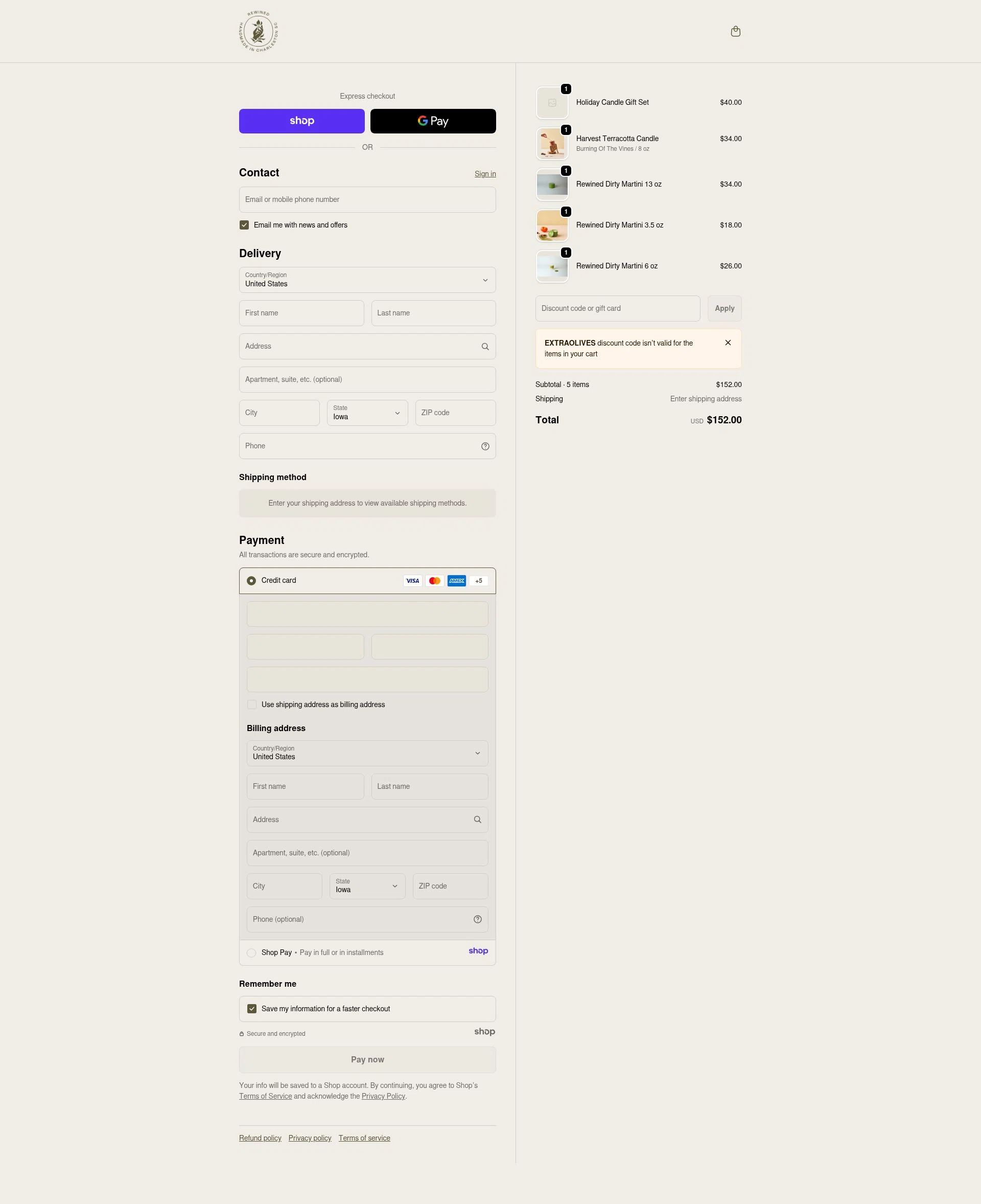 Rewined Candles checkout page showing Rewined Candles discount code box | Screenshot taken by SimplyCodes community member on Dec 28, 2025