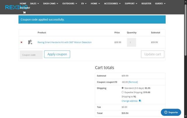 Rexing checkout page showing Rexing coupon code box | Screenshot taken by SimplyCodes community member on Sep 12, 2025