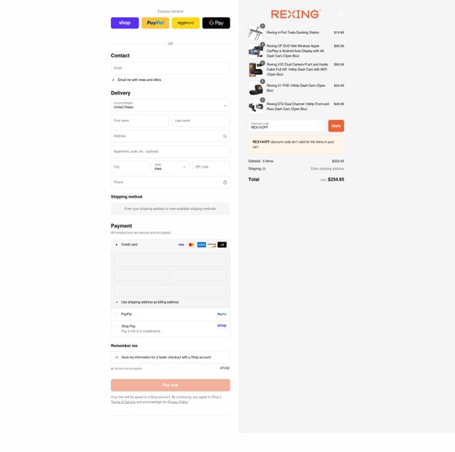 Rexing checkout page showing Rexing coupon code box | Screenshot taken by SimplyCodes community member on Sep 8, 2025