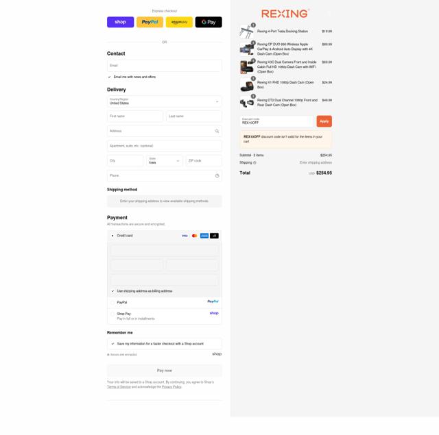 Rexing checkout page showing Rexing coupon code box | Screenshot taken by SimplyCodes community member on Sep 11, 2025