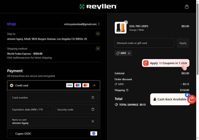 Reyllen Fitness checkout page showing Reyllen Fitness discount code box | Screenshot taken by SimplyCodes community member on Sep 10, 2025