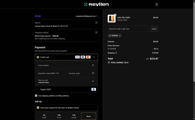 Reyllen Fitness checkout page showing Reyllen Fitness discount code box | Screenshot taken by SimplyCodes community member on Sep 9, 2025