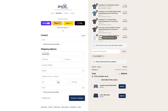 Reyn Spooner checkout page showing Reyn Spooner promo code box | Screenshot taken by SimplyCodes community member on Aug 27, 2025