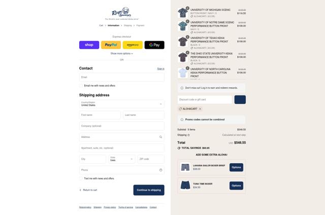 Reyn Spooner checkout page showing Reyn Spooner promo code box | Screenshot taken by SimplyCodes community member on Sep 12, 2025