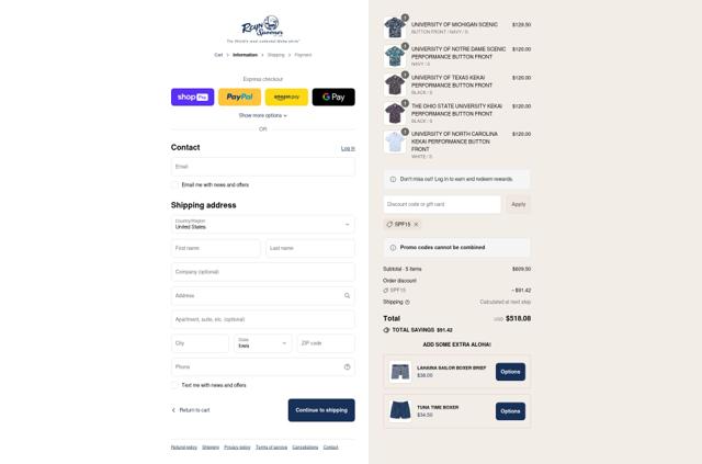Reyn Spooner checkout page showing Reyn Spooner promo code box | Screenshot taken by SimplyCodes community member on Aug 27, 2025