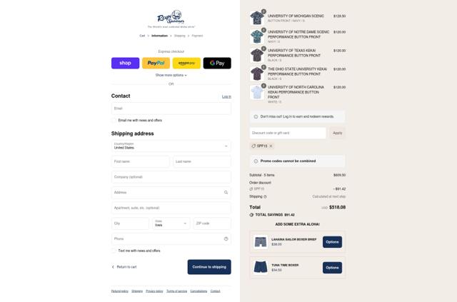 Reyn Spooner checkout page showing Reyn Spooner promo code box | Screenshot taken by SimplyCodes community member on Aug 31, 2025