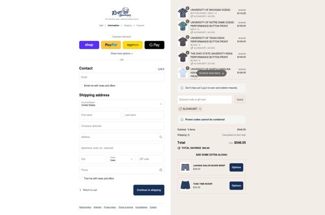Reyn Spooner checkout page showing Reyn Spooner promo code box | Screenshot taken by SimplyCodes community member on Sep 4, 2025
