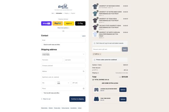 Reyn Spooner checkout page showing Reyn Spooner promo code box | Screenshot taken by SimplyCodes community member on Aug 23, 2025