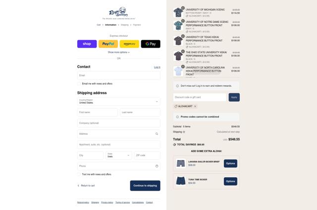 Reyn Spooner checkout page showing Reyn Spooner promo code box | Screenshot taken by SimplyCodes community member on Sep 8, 2025
