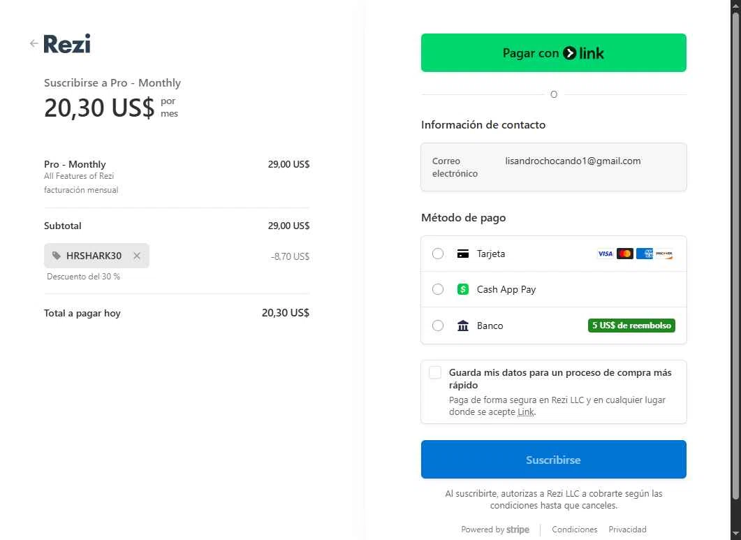 Rezi checkout page showing Rezi promo code box | Screenshot taken by SimplyCodes community member on Feb 7, 2026