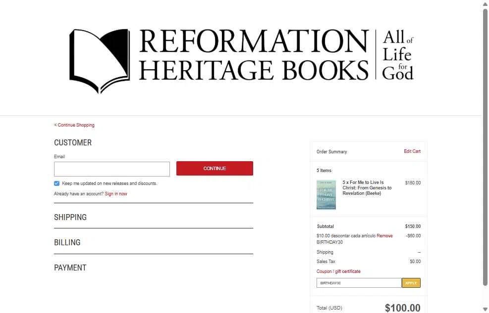 Reformation Heritage Books checkout page showing Reformation Heritage Books coupon code box | Screenshot taken by SimplyCodes community member on Dec 9, 2025