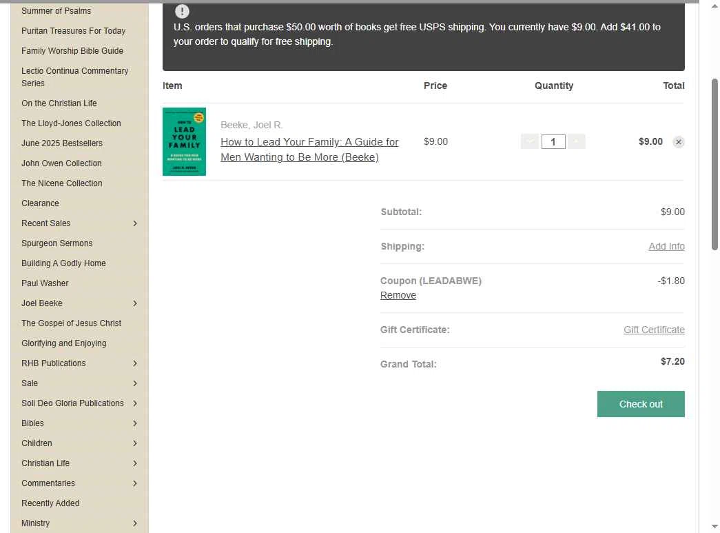 Reformation Heritage Books checkout page showing Reformation Heritage Books coupon code box | Screenshot taken by SimplyCodes community member on Sep 4, 2025