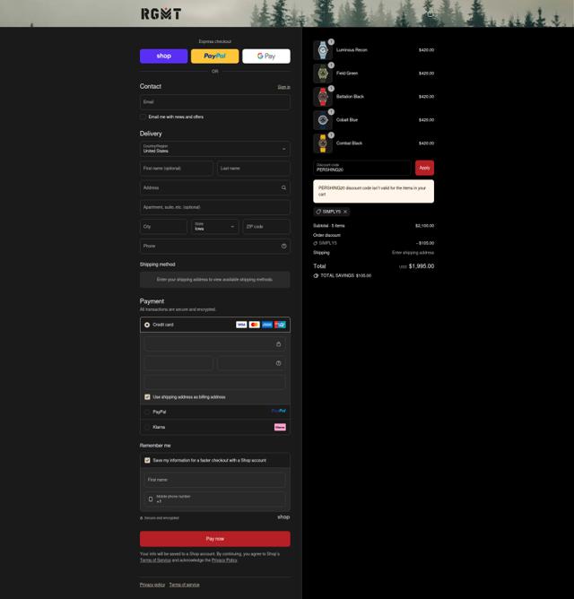 RGMT checkout page showing RGMT promo code box | Screenshot taken by SimplyCodes community member on Sep 10, 2025