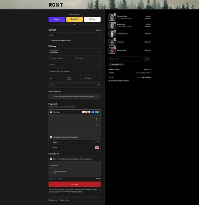 RGMT checkout page showing RGMT promo code box | Screenshot taken by SimplyCodes community member on Sep 22, 2025
