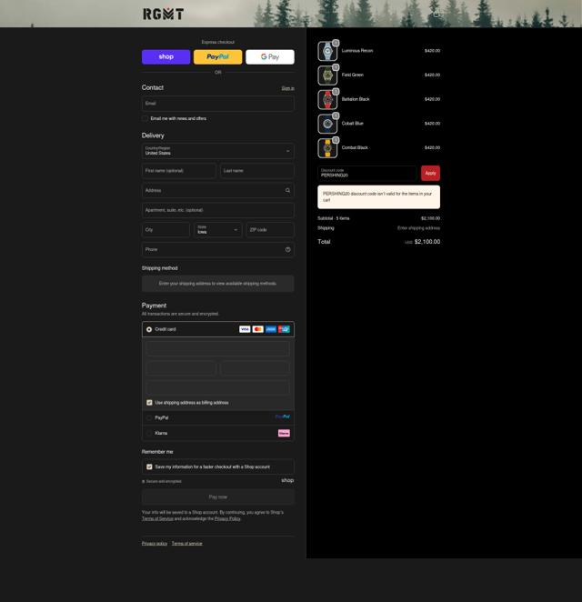 RGMT checkout page showing RGMT promo code box | Screenshot taken by SimplyCodes community member on Sep 18, 2025