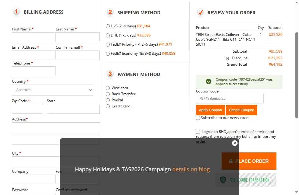 RHDJapan checkout page showing RHDJapan promo code box | Screenshot taken by SimplyCodes community member on Dec 31, 2025