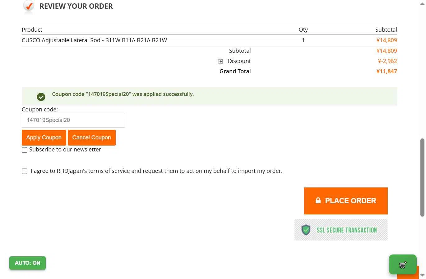 RHDJapan checkout page showing RHDJapan promo code box | Screenshot taken by SimplyCodes community member on Feb 9, 2026