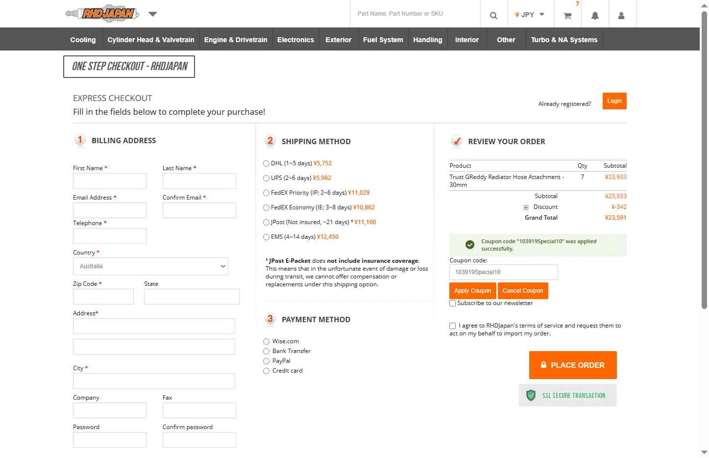 RHDJapan checkout page showing RHDJapan promo code box | Screenshot taken by SimplyCodes community member on Jan 30, 2026