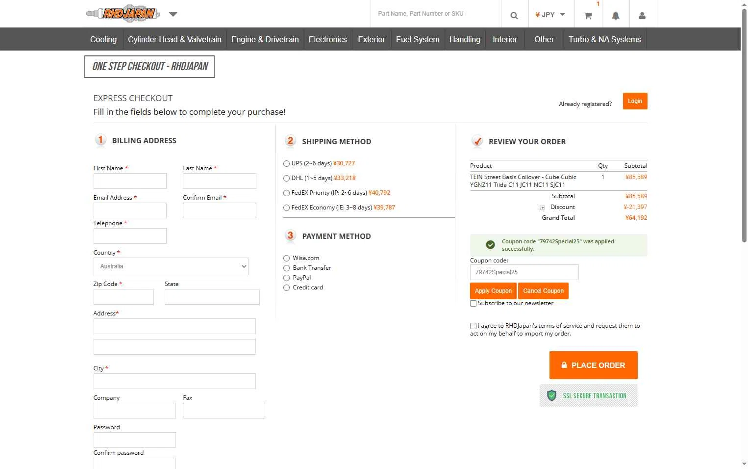 RHDJapan checkout page showing RHDJapan promo code box | Screenshot taken by SimplyCodes community member on Jan 21, 2026