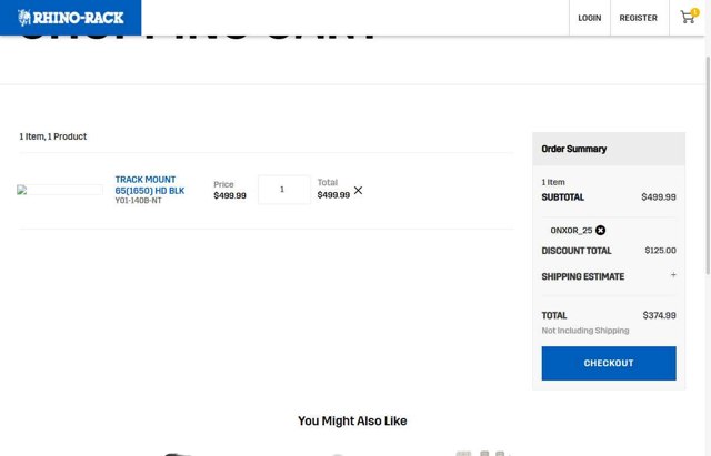 Rhino Rack checkout page showing Rhino Rack promo code box | Screenshot taken by SimplyCodes community member on Aug 15, 2025