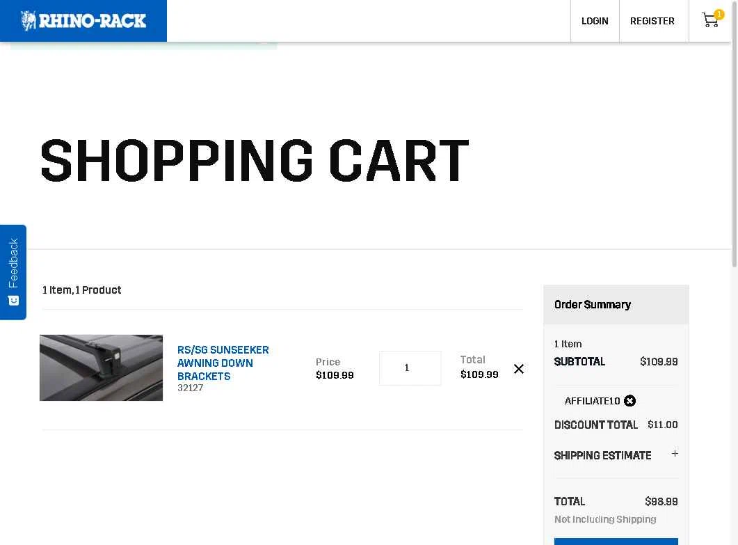 Rhino Rack checkout page showing Rhino Rack promo code box | Screenshot taken by SimplyCodes community member on Sep 5, 2025