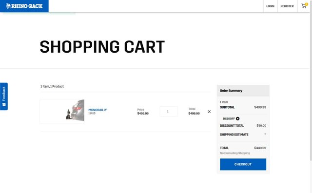 Rhino Rack checkout page showing Rhino Rack promo code box | Screenshot taken by SimplyCodes community member on Jul 25, 2025