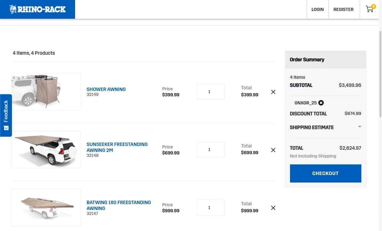 Rhino Rack checkout page showing Rhino Rack promo code box | Screenshot taken by SimplyCodes community member on Aug 25, 2025