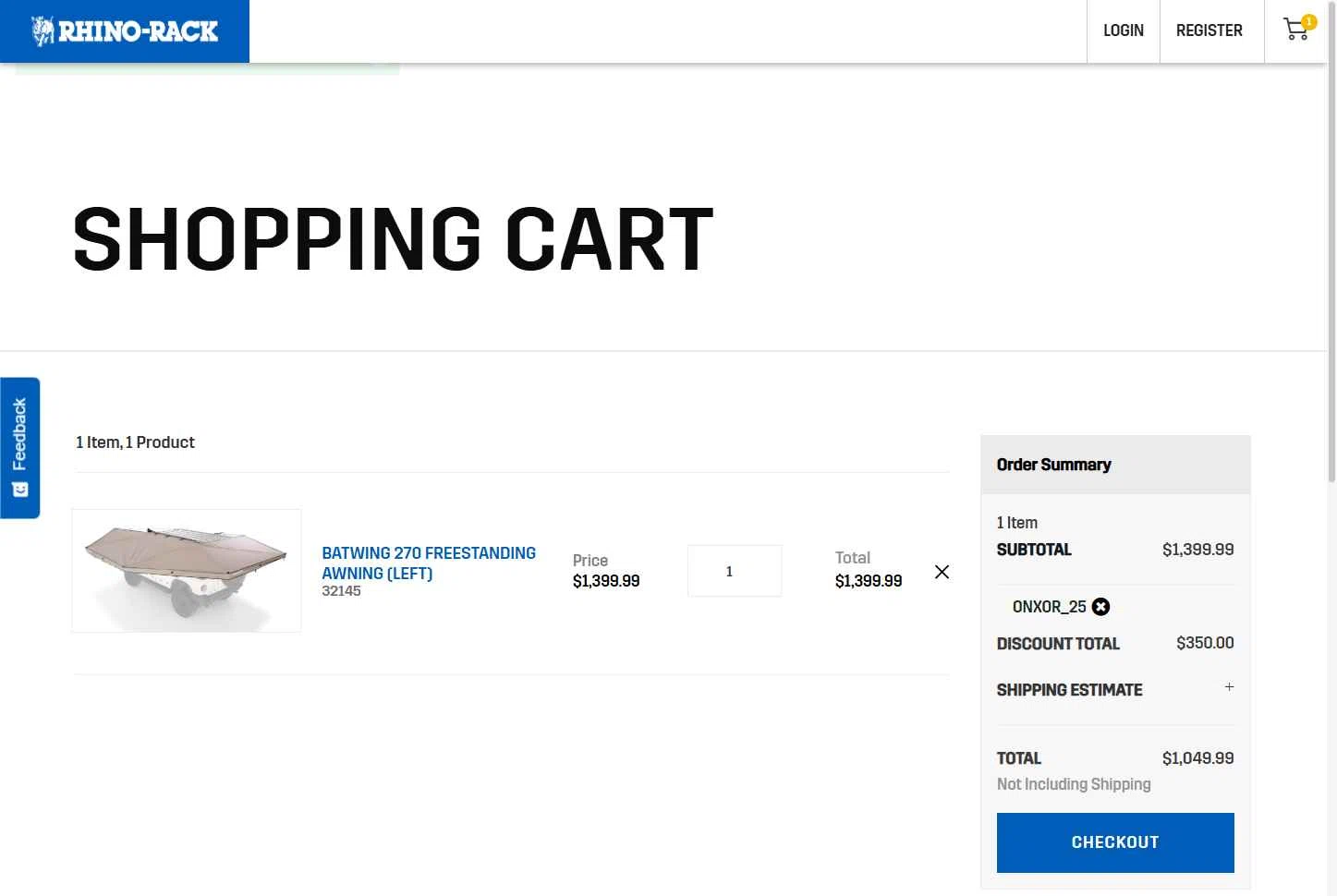 Rhino Rack checkout page showing Rhino Rack promo code box | Screenshot taken by SimplyCodes community member on Feb 2, 2026