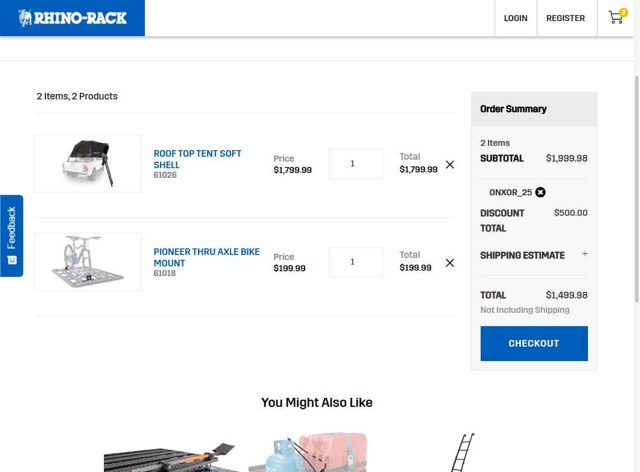 Rhino Rack checkout page showing Rhino Rack promo code box | Screenshot taken by SimplyCodes community member on Jul 19, 2025