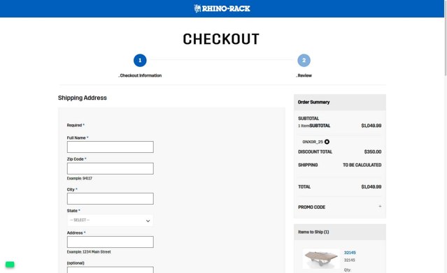 Rhino Rack checkout page showing Rhino Rack promo code box | Screenshot taken by SimplyCodes community member on Jul 19, 2025