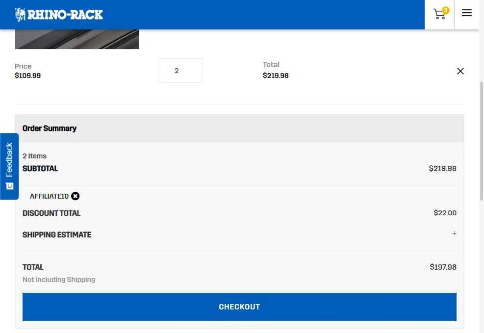 Rhino Rack checkout page showing Rhino Rack promo code box | Screenshot taken by SimplyCodes community member on Oct 8, 2025