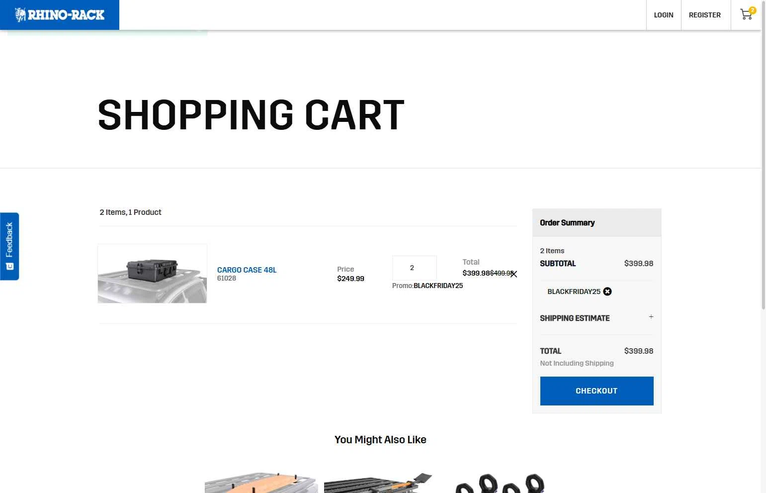 Rhino Rack checkout page showing Rhino Rack promo code box | Screenshot taken by SimplyCodes community member on Nov 21, 2025
