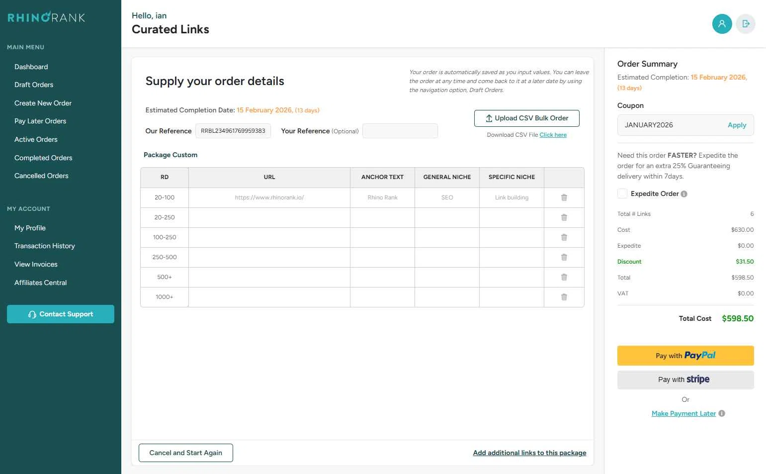 Rhino Rank checkout page showing Rhino Rank promo code box | Screenshot taken by SimplyCodes community member on Feb 1, 2026
