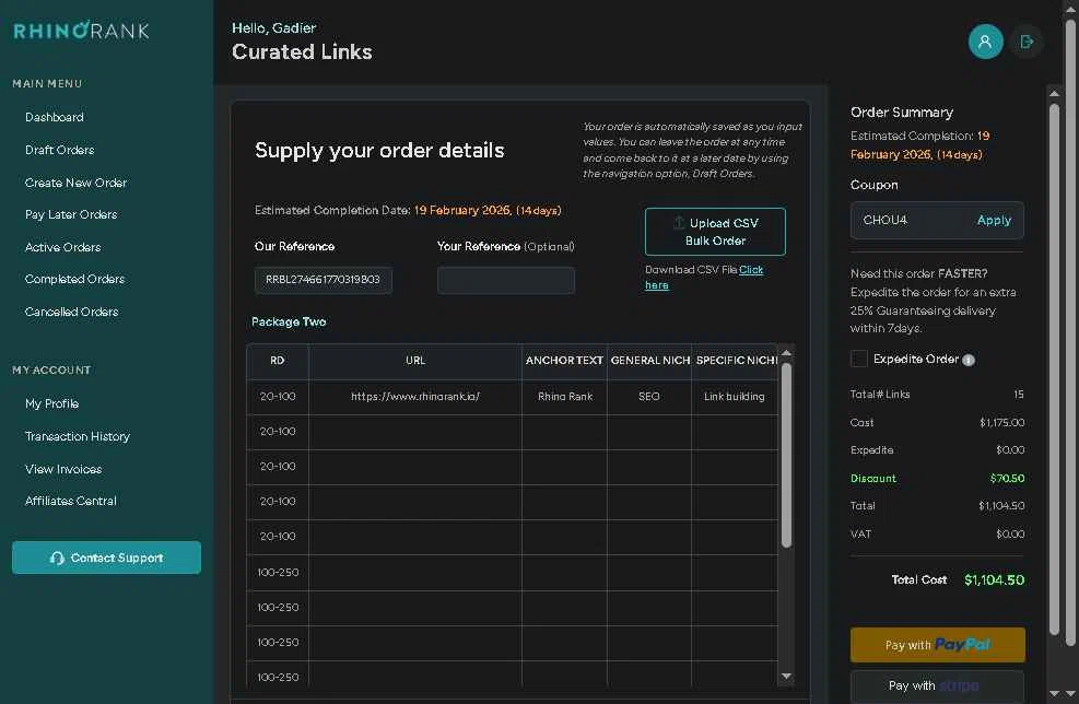 Rhino Rank checkout page showing Rhino Rank promo code box | Screenshot taken by SimplyCodes community member on Feb 5, 2026