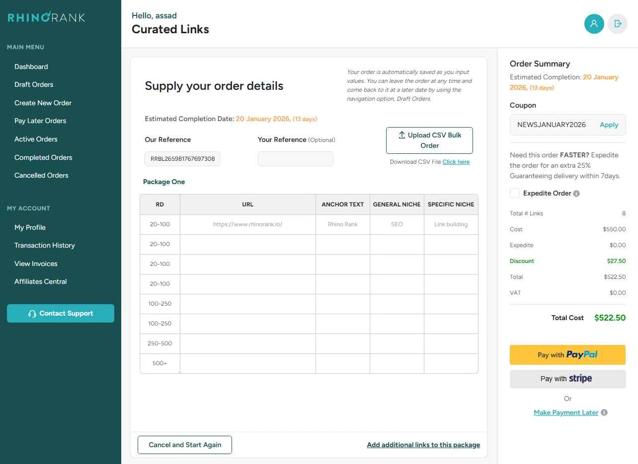 Rhino Rank checkout page showing Rhino Rank promo code box | Screenshot taken by SimplyCodes community member on Jan 6, 2026