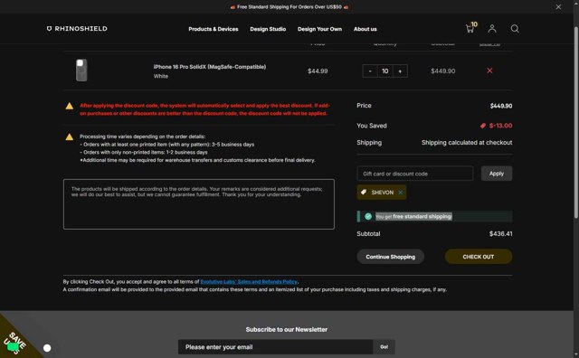 RhinoShield checkout page showing RhinoShield discount code box | Screenshot taken by SimplyCodes community member on Aug 31, 2025