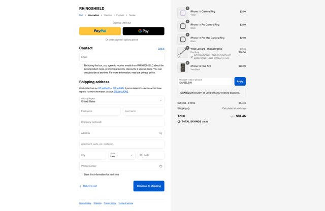 RhinoShield checkout page showing RhinoShield discount code box | Screenshot taken by SimplyCodes community member on Aug 30, 2025