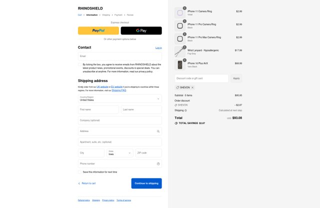 RhinoShield checkout page showing RhinoShield discount code box | Screenshot taken by SimplyCodes community member on Aug 30, 2025