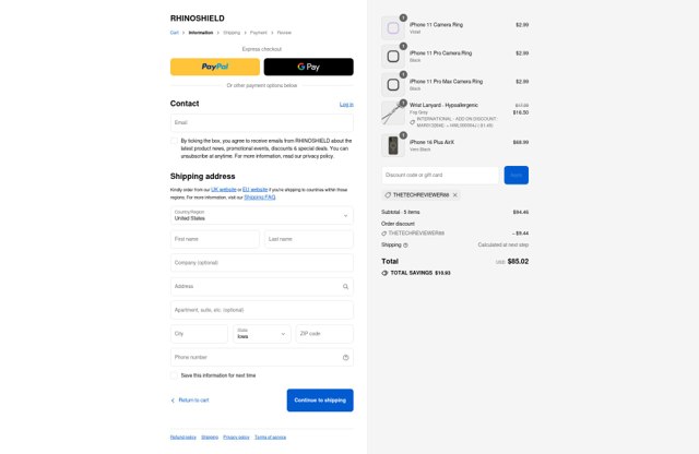 RhinoShield checkout page showing RhinoShield discount code box | Screenshot taken by SimplyCodes community member on Sep 3, 2025