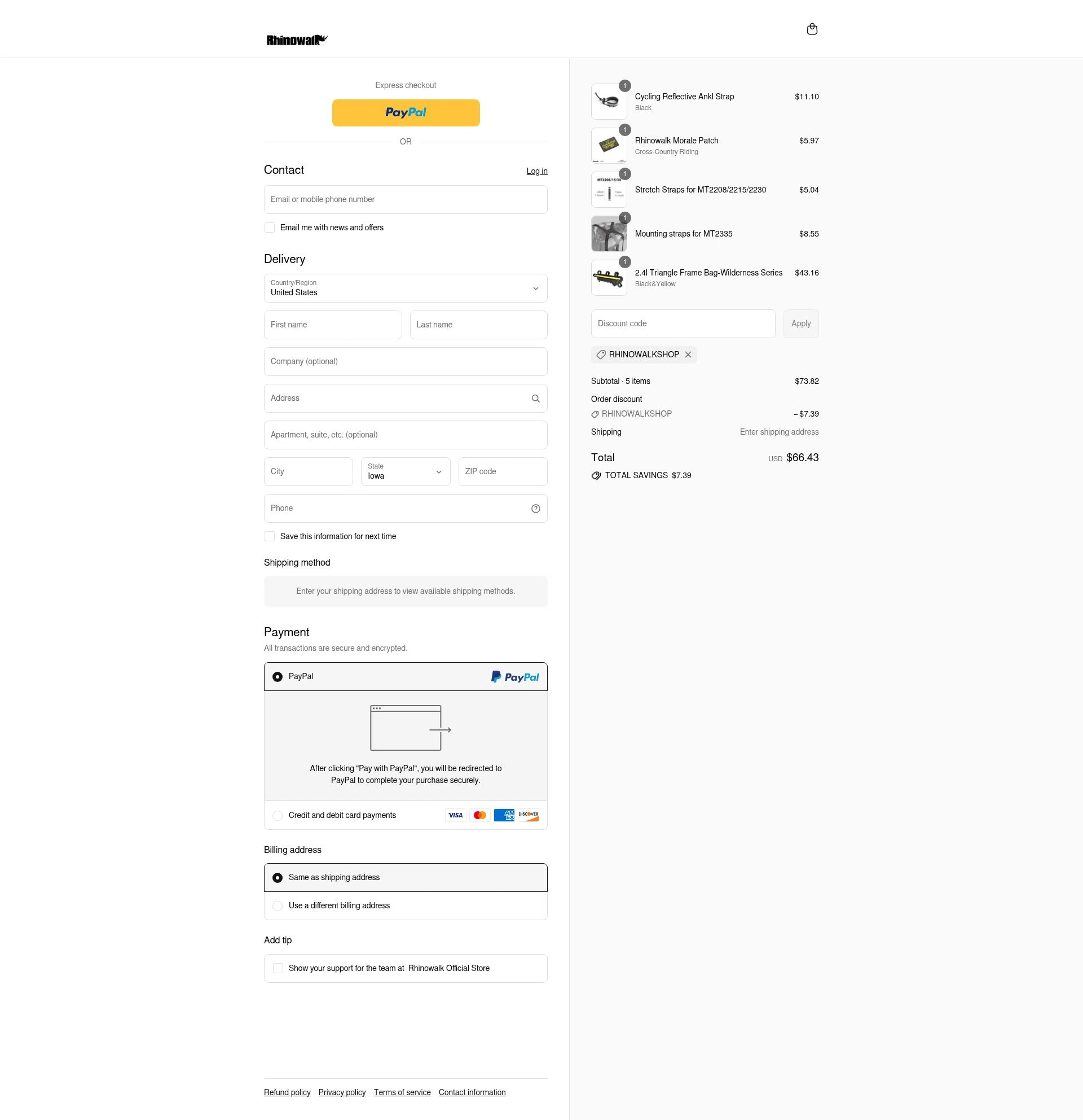 Rhinowalk checkout page showing Rhinowalk discount code box | Screenshot taken by SimplyCodes community member on Jul 9, 2025