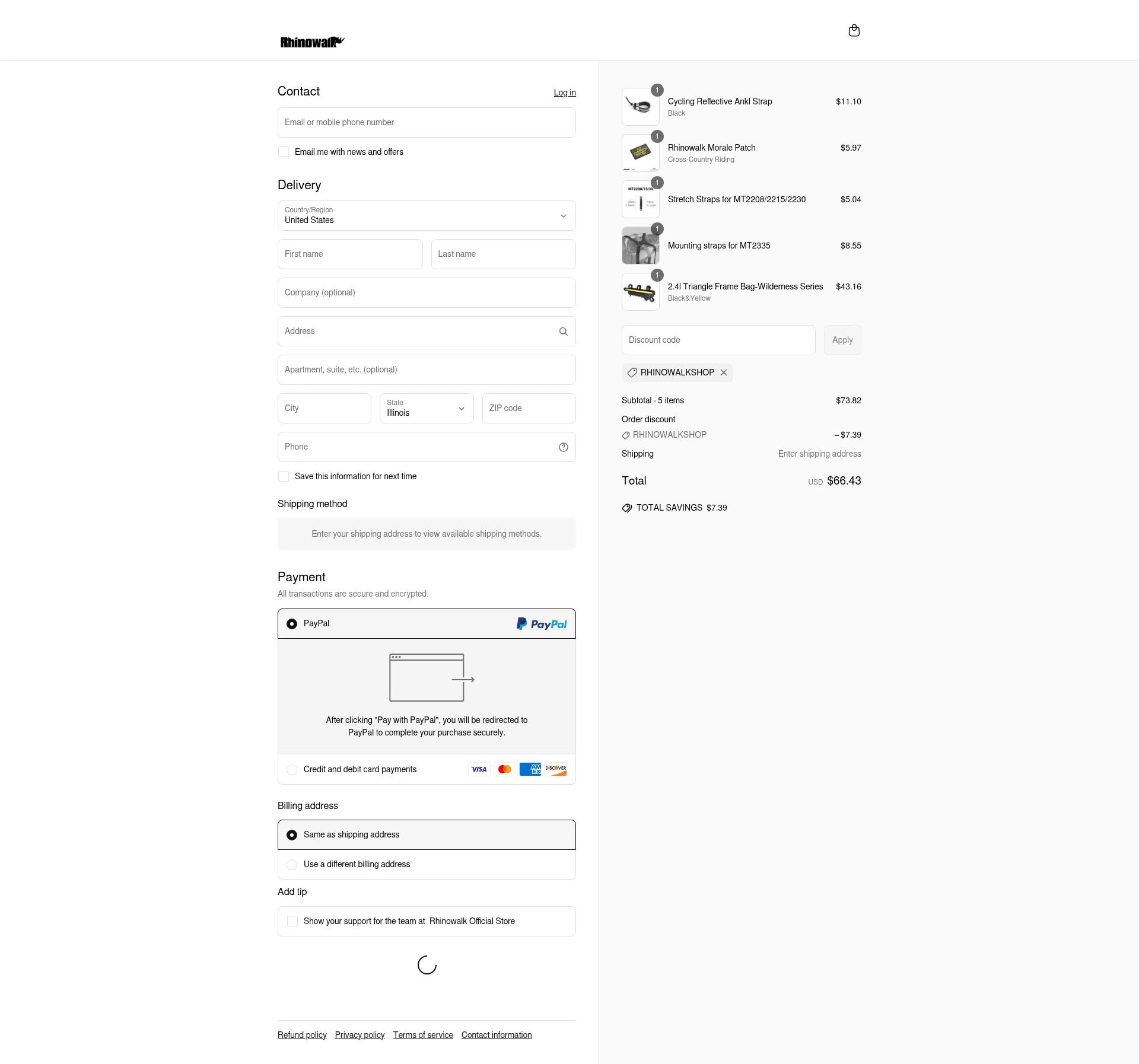 Rhinowalk checkout page showing Rhinowalk discount code box | Screenshot taken by SimplyCodes community member on Jul 1, 2025