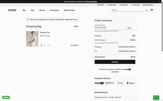 Rhone checkout page showing Rhone discount code box | Screenshot taken by SimplyCodes community member on Sep 10, 2025